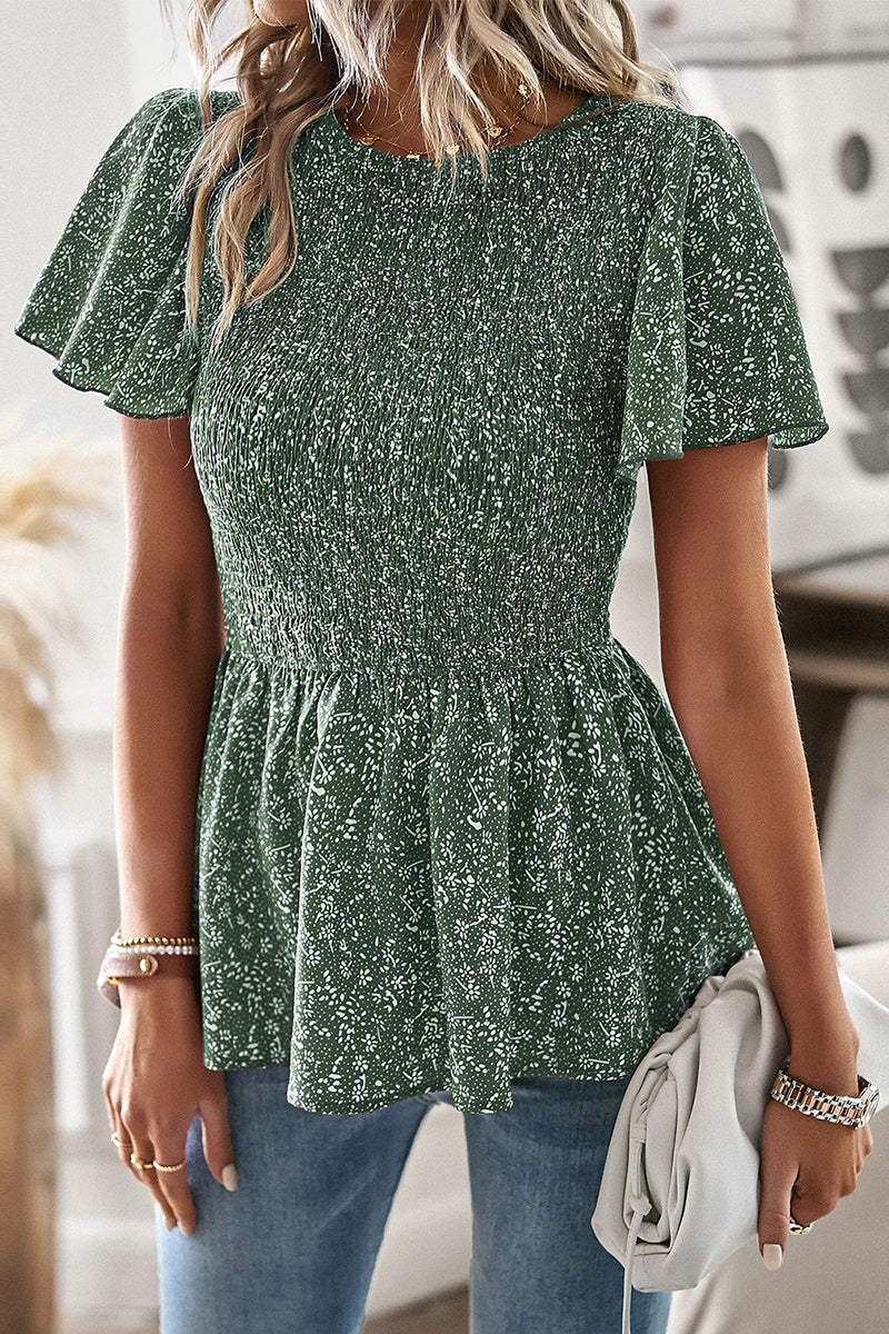 Louisa - Estilosa blusa floral de manga corta con dobladillo de volantes