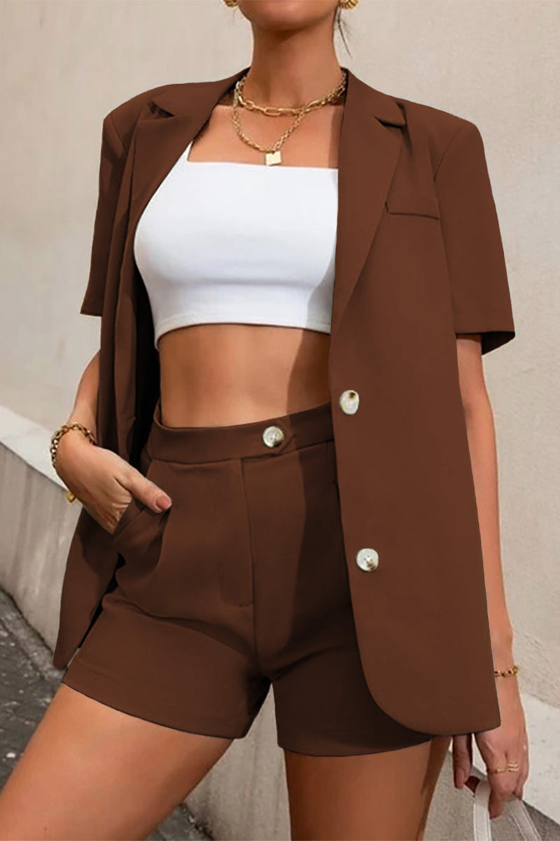 Stefania - Conjunto casual de blazer de manga corta con botones y pantalón corto
