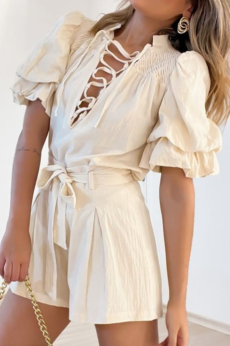 Minda - Elegante pelele con mangas de volantes y cintura alta
