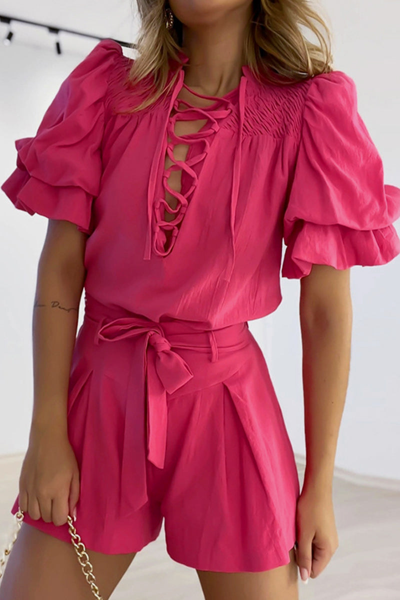 Minda - Elegante pelele con mangas de volantes y cintura alta