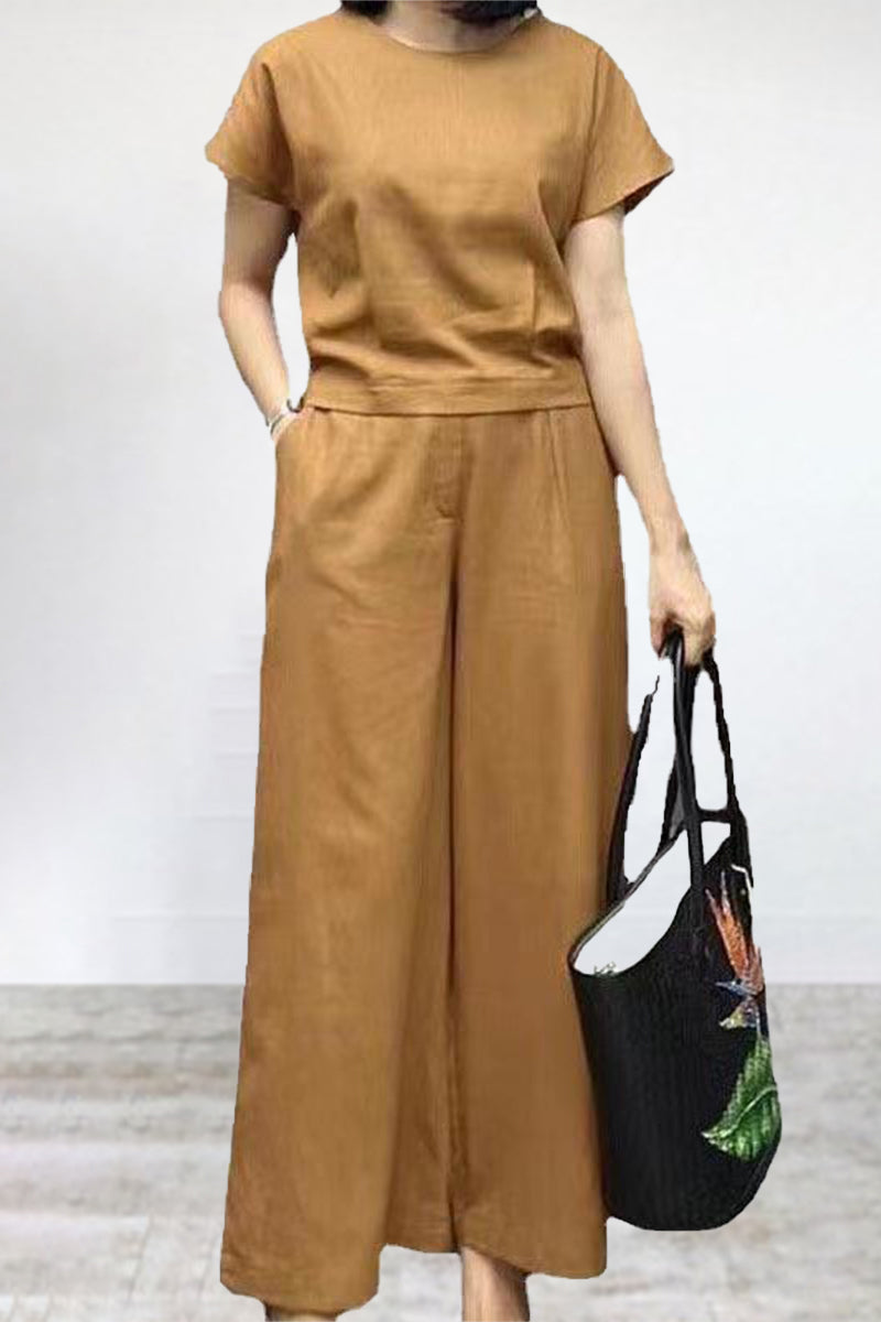 Seren - Conjunto informal de camiseta de cuello redondo y pantalones anchos