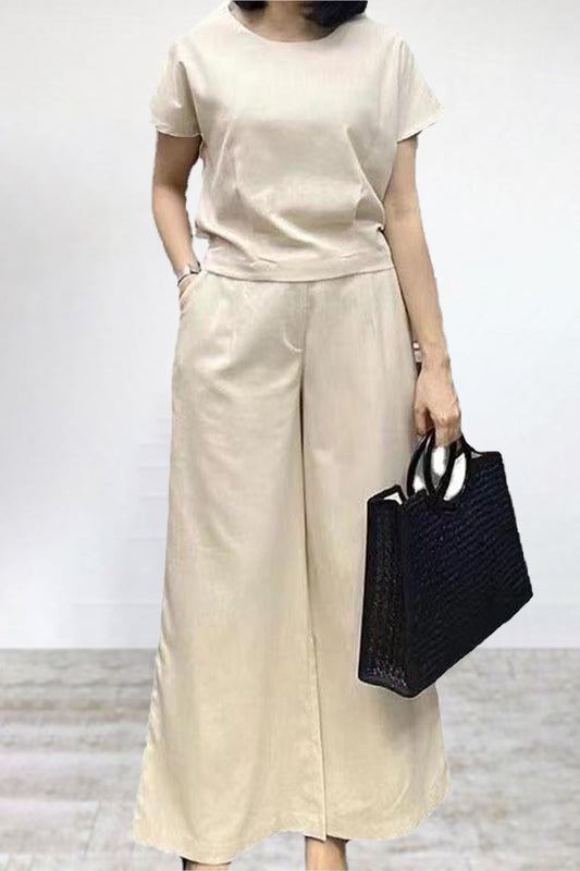 Seren - Conjunto informal de camiseta de cuello redondo y pantalones anchos