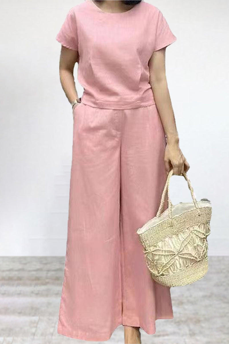 Seren - Conjunto informal de camiseta de cuello redondo y pantalones anchos