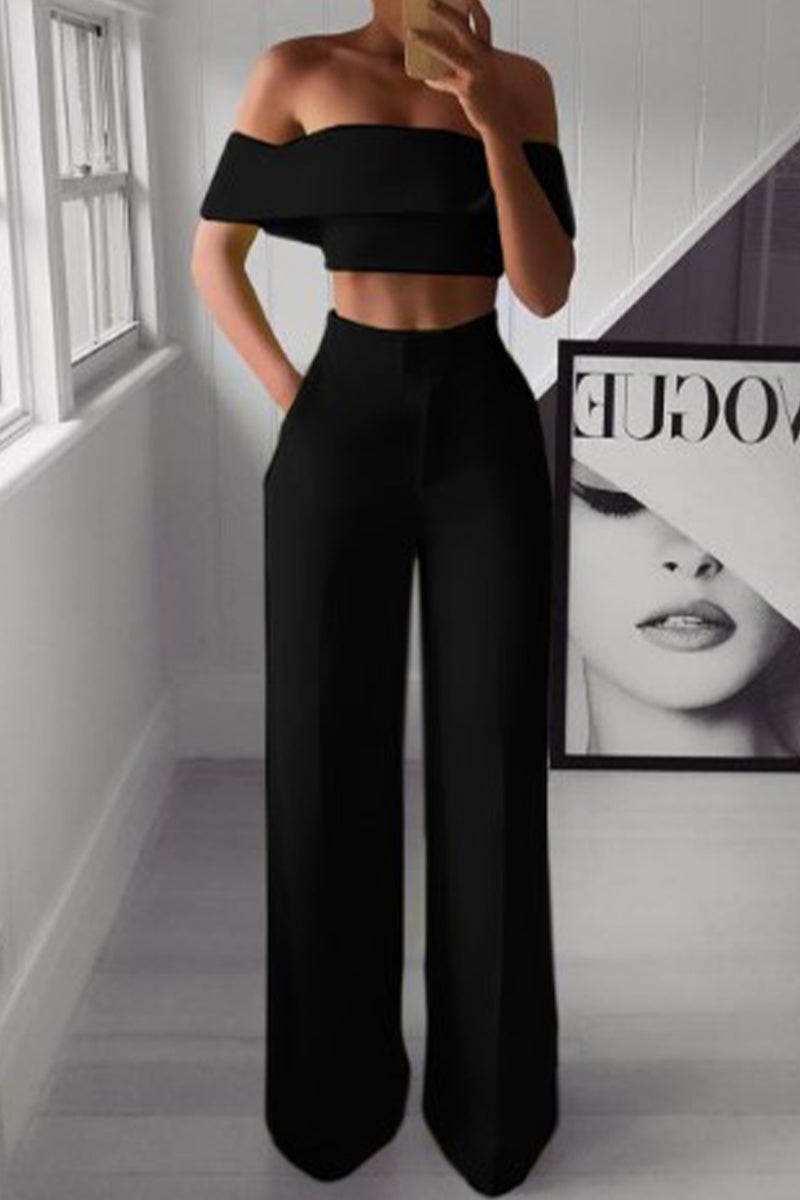 Sofia - Elegante conjunto de crop top sin hombros y pantalón de cintura alta