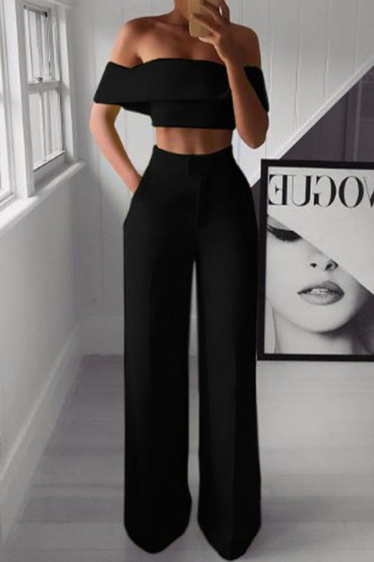 Sofia - Elegante conjunto de crop top sin hombros y pantalón de cintura alta