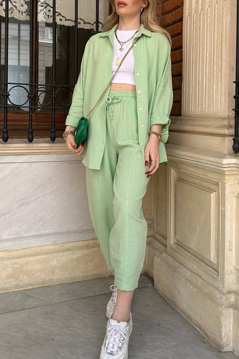 Margareta - Conjunto informal de camisa de manga larga y pantalón con cuello vuelto y botones