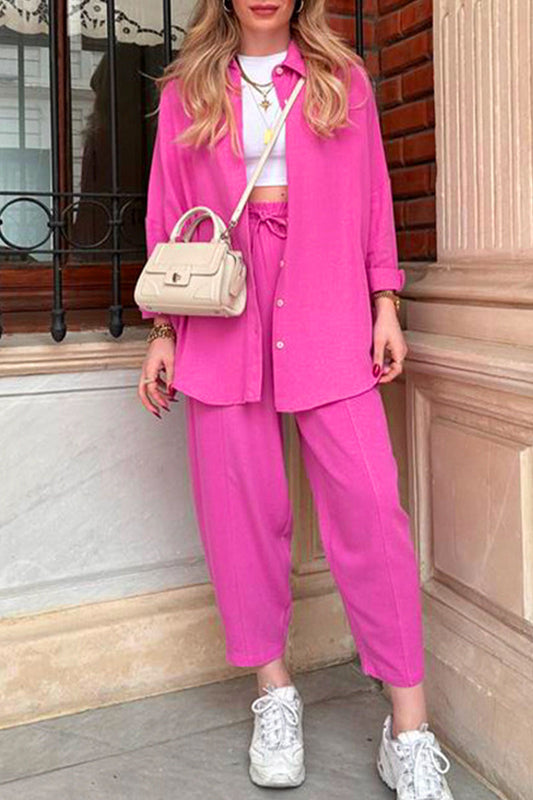 Margareta - Conjunto informal de camisa de manga larga y pantalón con cuello vuelto y botones