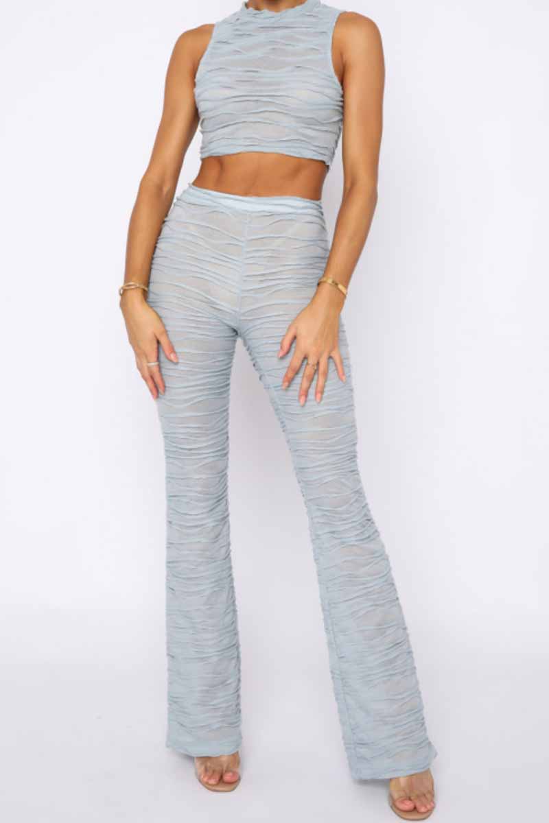 Priya - Elegante conjunto de top plisado sin mangas y pantalón ancho
