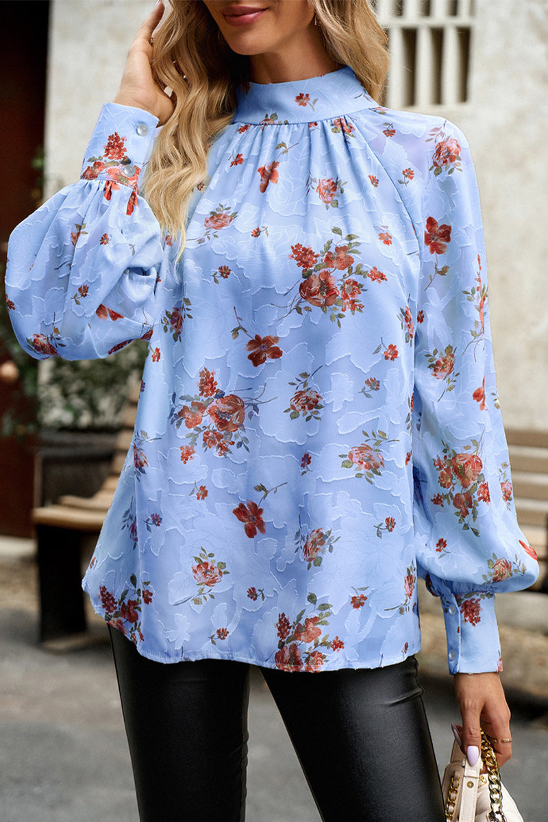 Gloria - Elegante blusa floral de cuello alto y manga larga