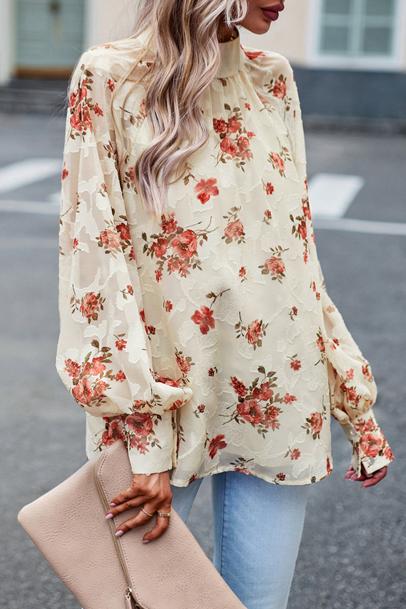 Gloria - Elegante blusa floral de cuello alto y manga larga