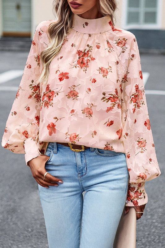 Gloria - Elegante blusa floral de cuello alto y manga larga