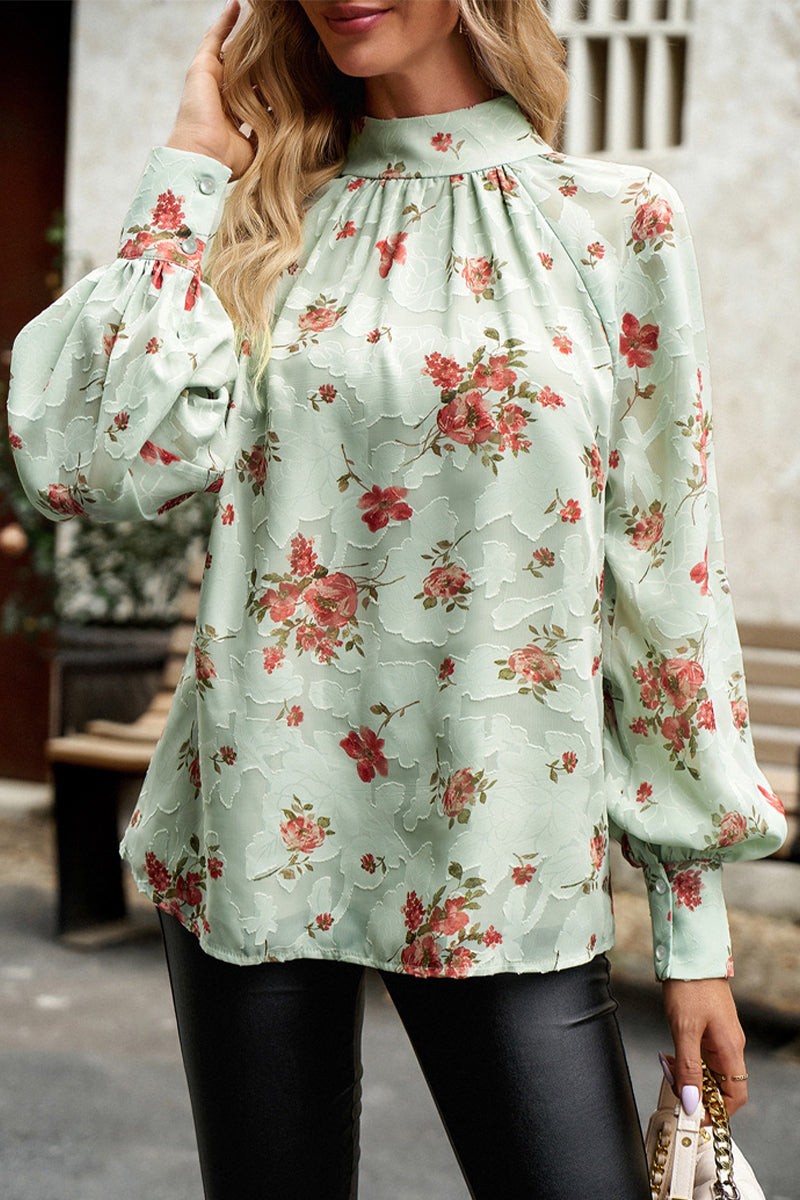 Gloria - Elegante blusa floral de cuello alto y manga larga