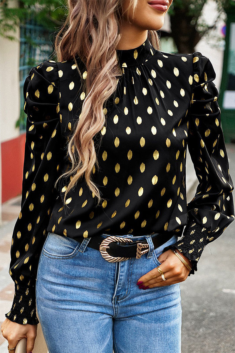 Deborah - Elegante blusa de cuello alto y manga larga a lunares