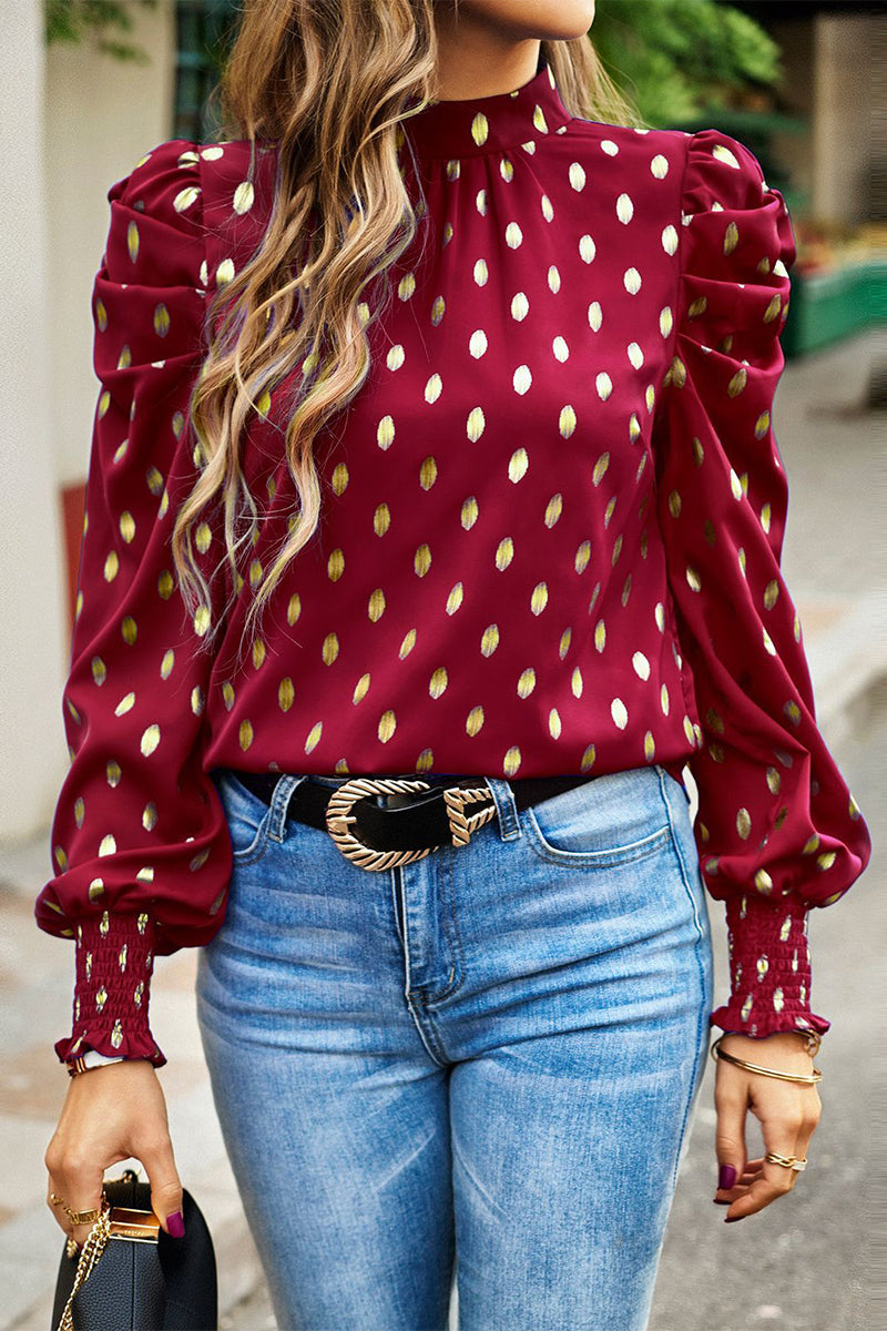 Deborah - Elegante blusa de cuello alto y manga larga a lunares
