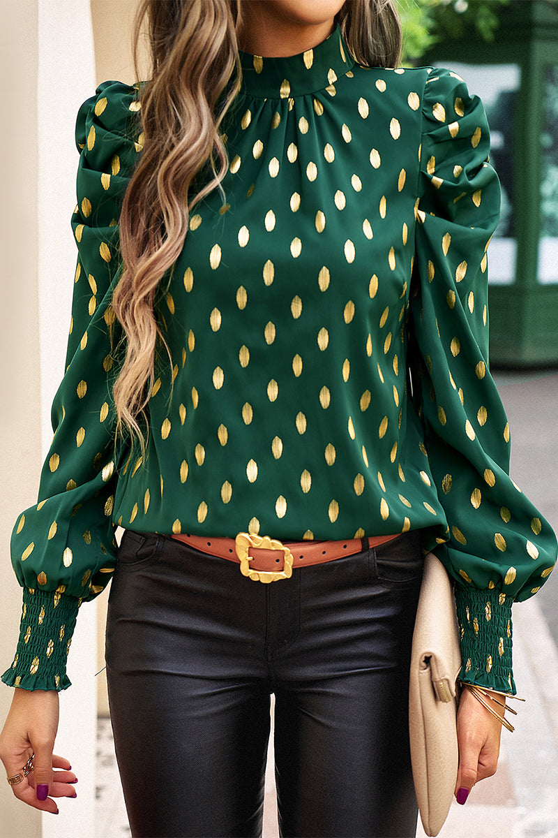 Deborah - Elegante blusa de cuello alto y manga larga a lunares