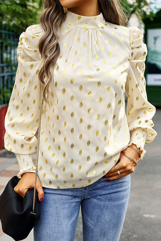 Deborah - Elegante blusa de cuello alto y manga larga a lunares