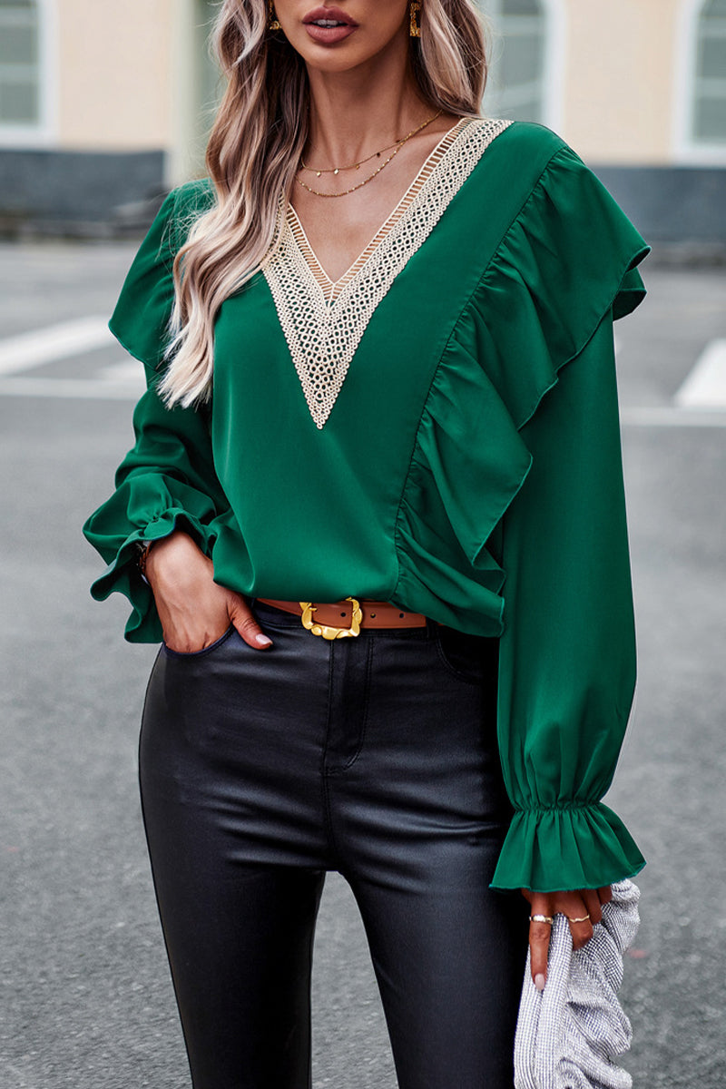 Jen - Elegante blusa suelta con cuello en V y manga larga con volantes