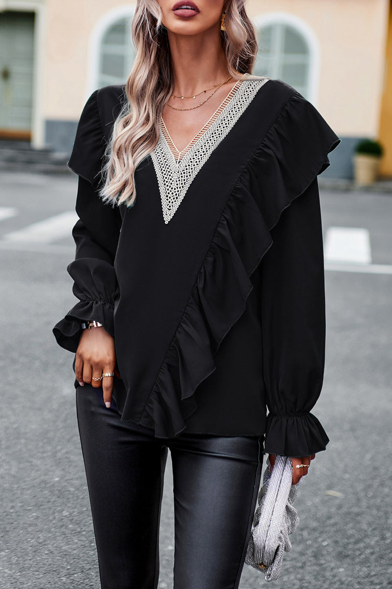Jen - Elegante blusa suelta con cuello en V y manga larga con volantes