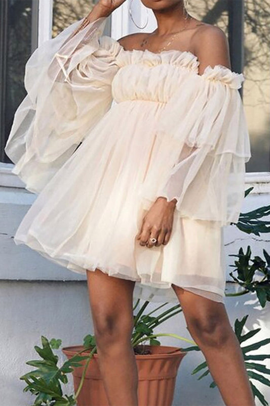 Cosette - Elegante vestido midi con hombros al descubierto y volantes sueltos