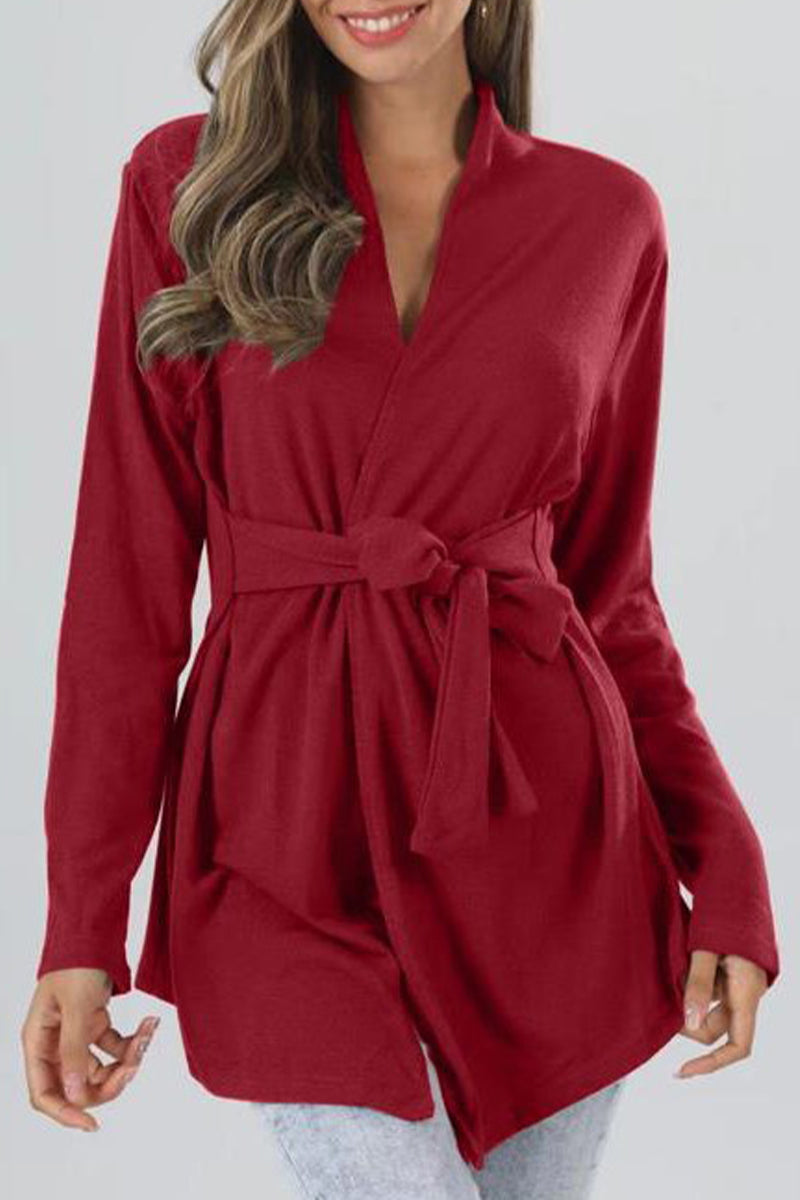 Lindzay - Chaqueta casual de manga larga con cuello en V y cintura atada