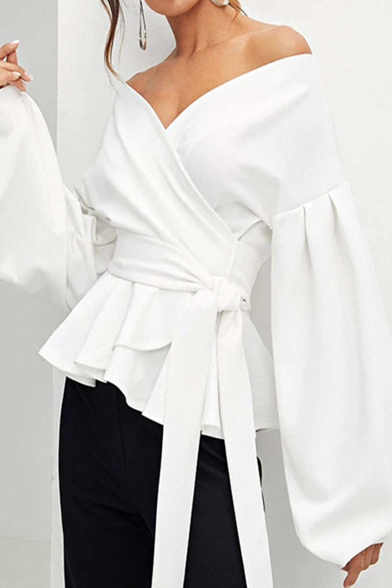 Camellia - Elegante blusa con hombros descubiertos y cuello en V, manga larga y cintura ceñida