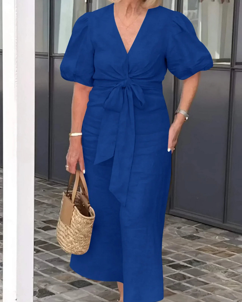 Narelle - Vestido casual elegante con cuello en V y mangas abullonadas