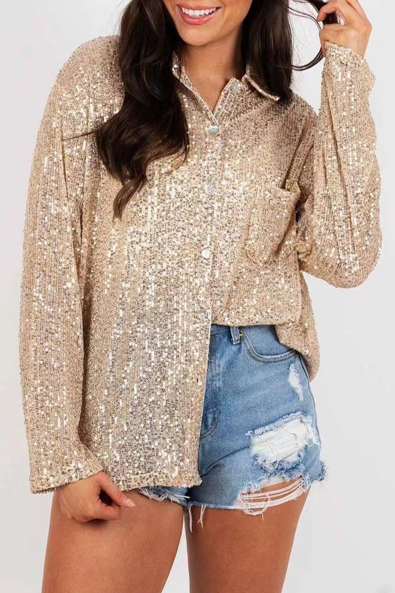 Leny - Elegante blusa polo de manga larga con botones y lentejuelas