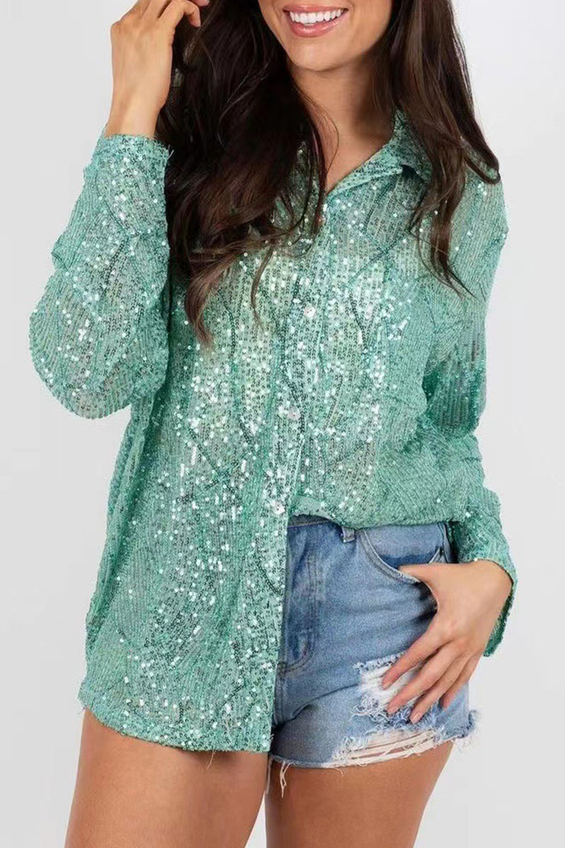 Leny - Elegante blusa polo de manga larga con botones y lentejuelas