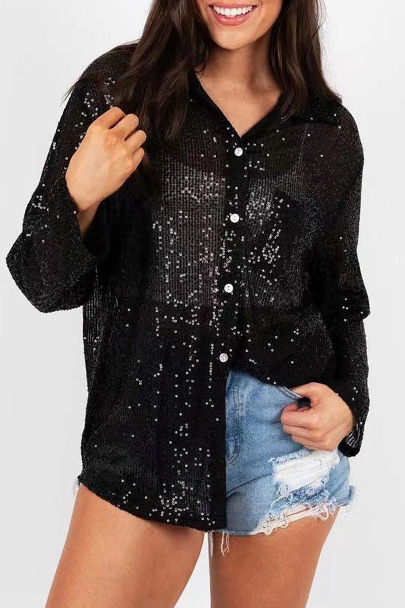 Leny - Elegante blusa polo de manga larga con botones y lentejuelas