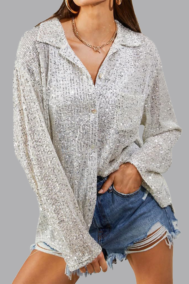 Leny - Elegante blusa polo de manga larga con botones y lentejuelas