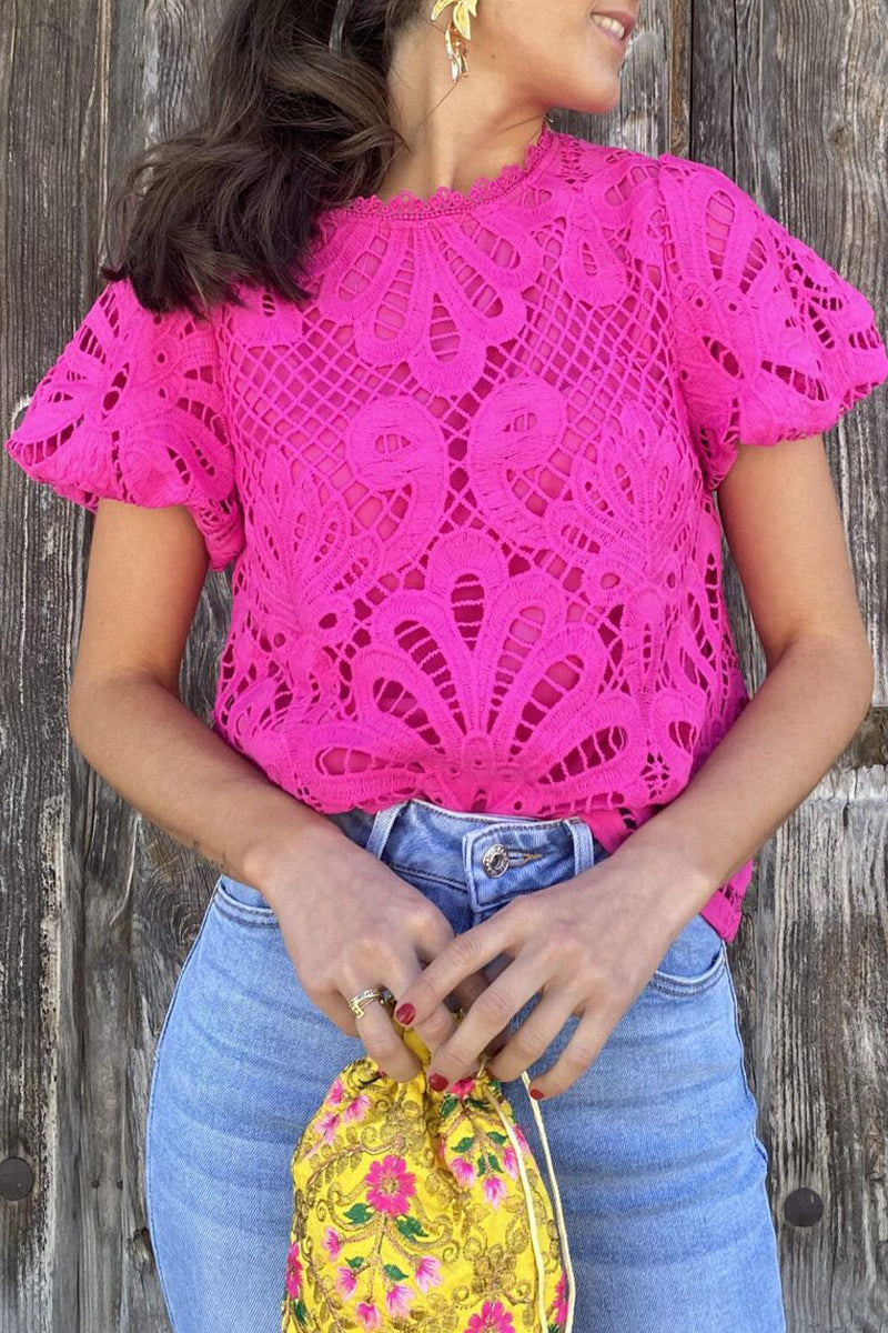 Mona - Blusa casual de encaje sólido y manga corta ahuecada