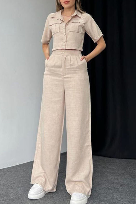 Janella - Elegante blusa de manga corta con botones y pantalón ancho