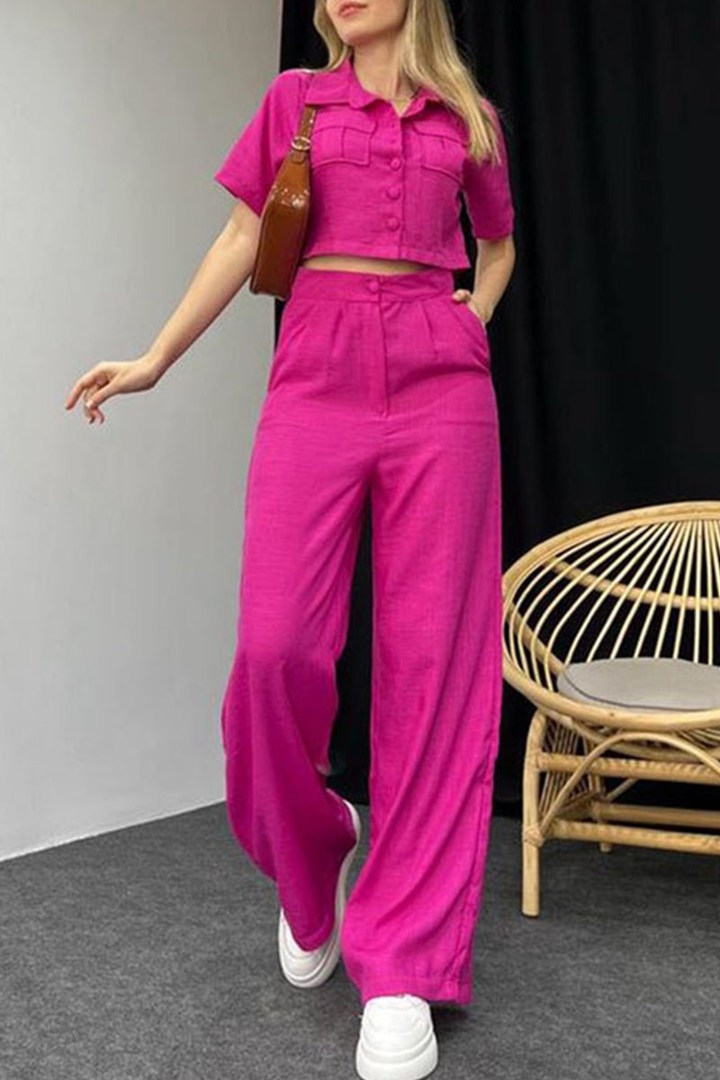 Janella - Elegante blusa de manga corta con botones y pantalón ancho