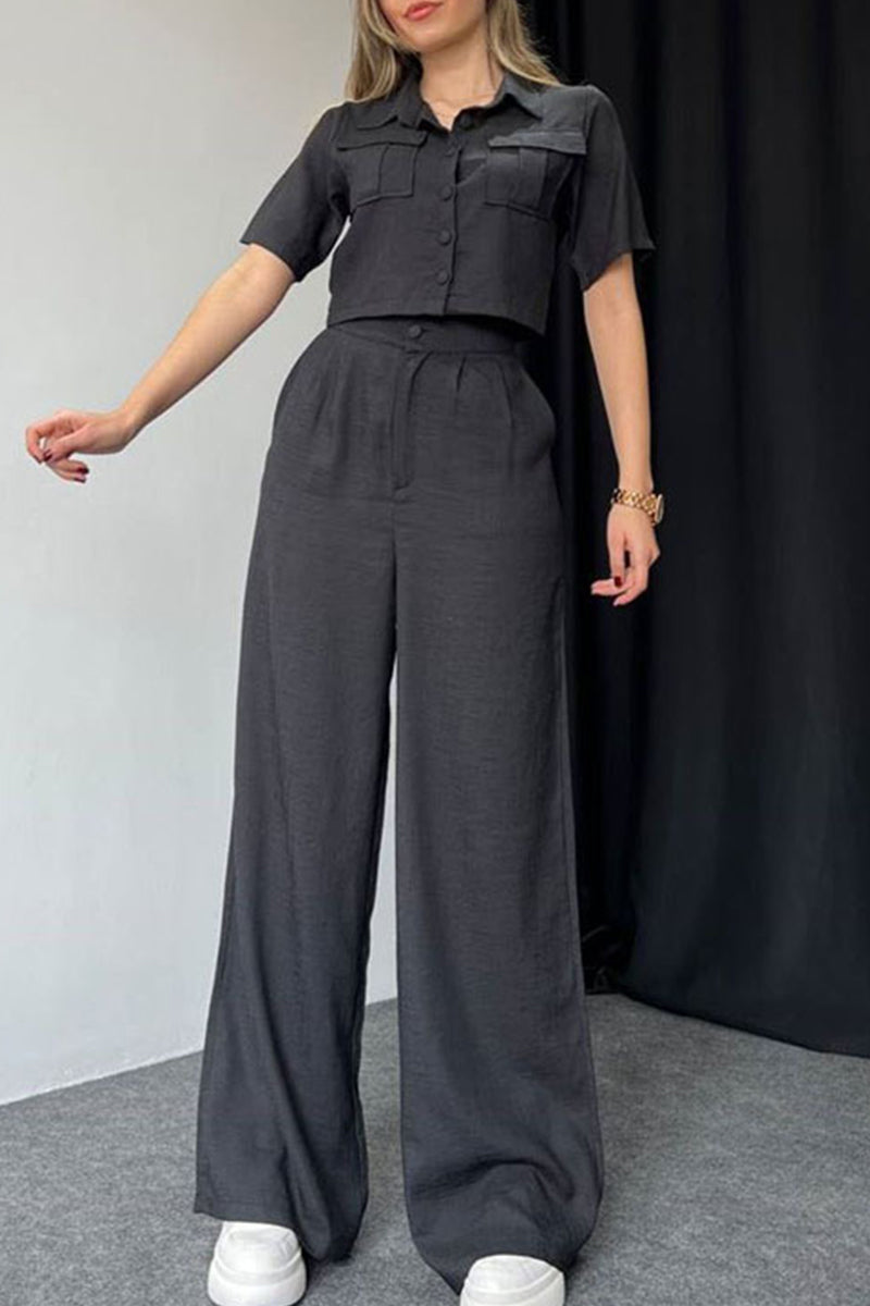 Janella - Elegante blusa de manga corta con botones y pantalón ancho