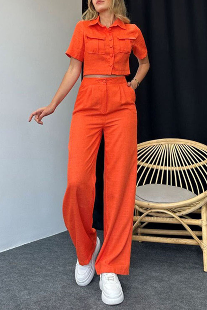 Janella - Elegante blusa de manga corta con botones y pantalón ancho