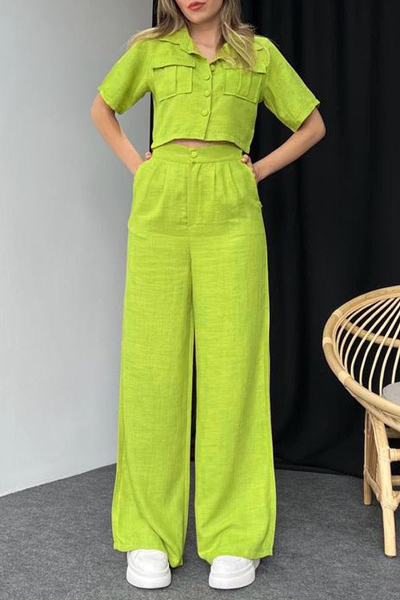 Janella - Elegante blusa de manga corta con botones y pantalón ancho