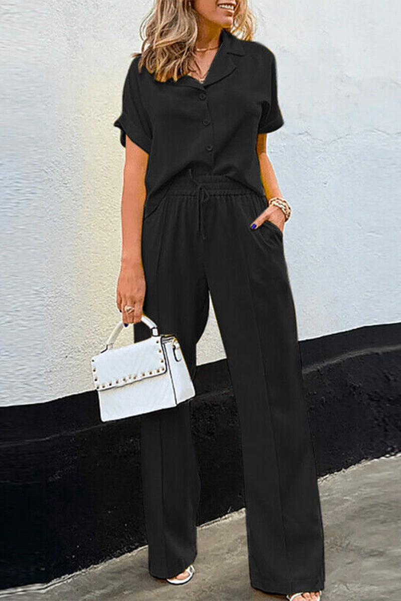 Georgina - Elegante conjunto informal de polo de manga corta con botones y pantalón