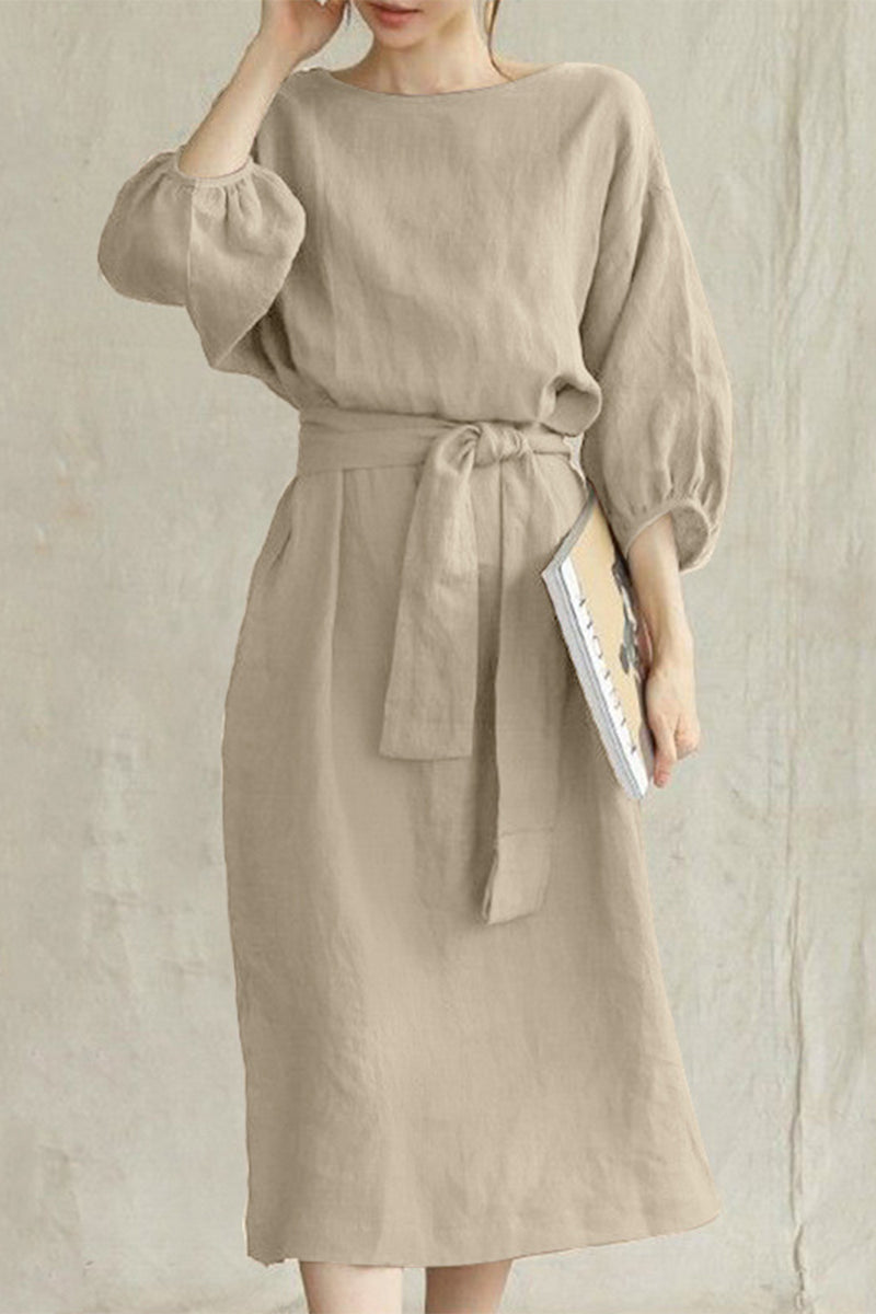 Liyana - Vestido midi casual de media manga con cintura anudada