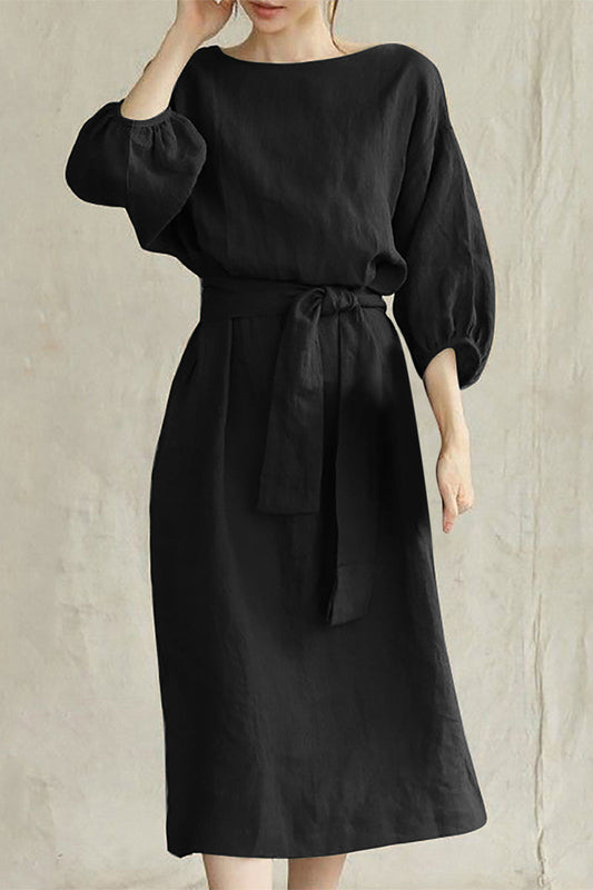 Liyana - Vestido midi casual de media manga con cintura anudada