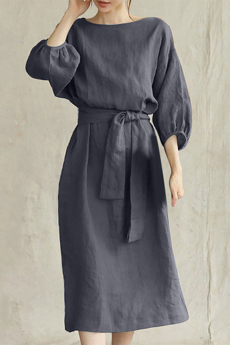 Liyana - Vestido midi casual de media manga con cintura anudada