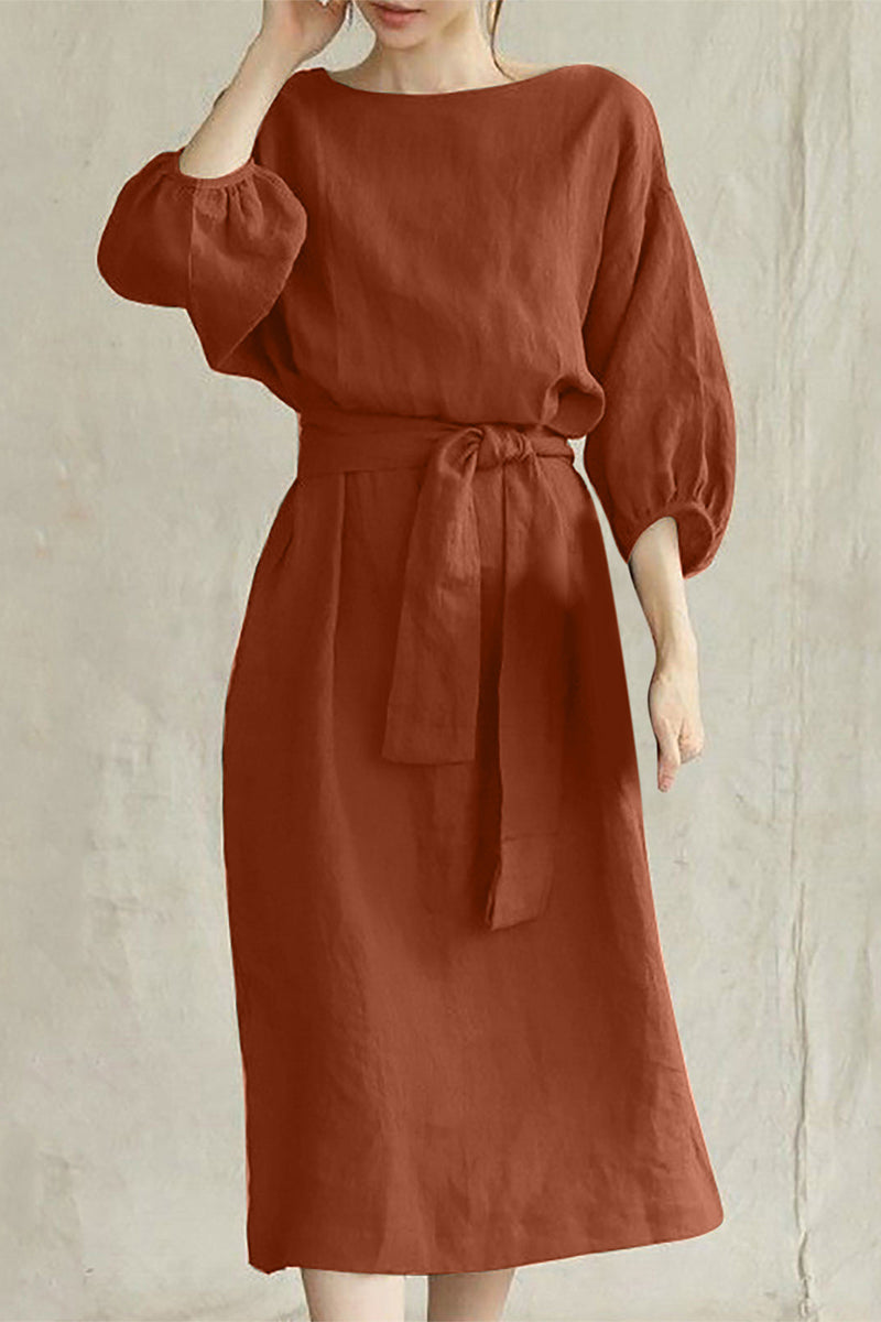 Liyana - Vestido midi casual de media manga con cintura anudada
