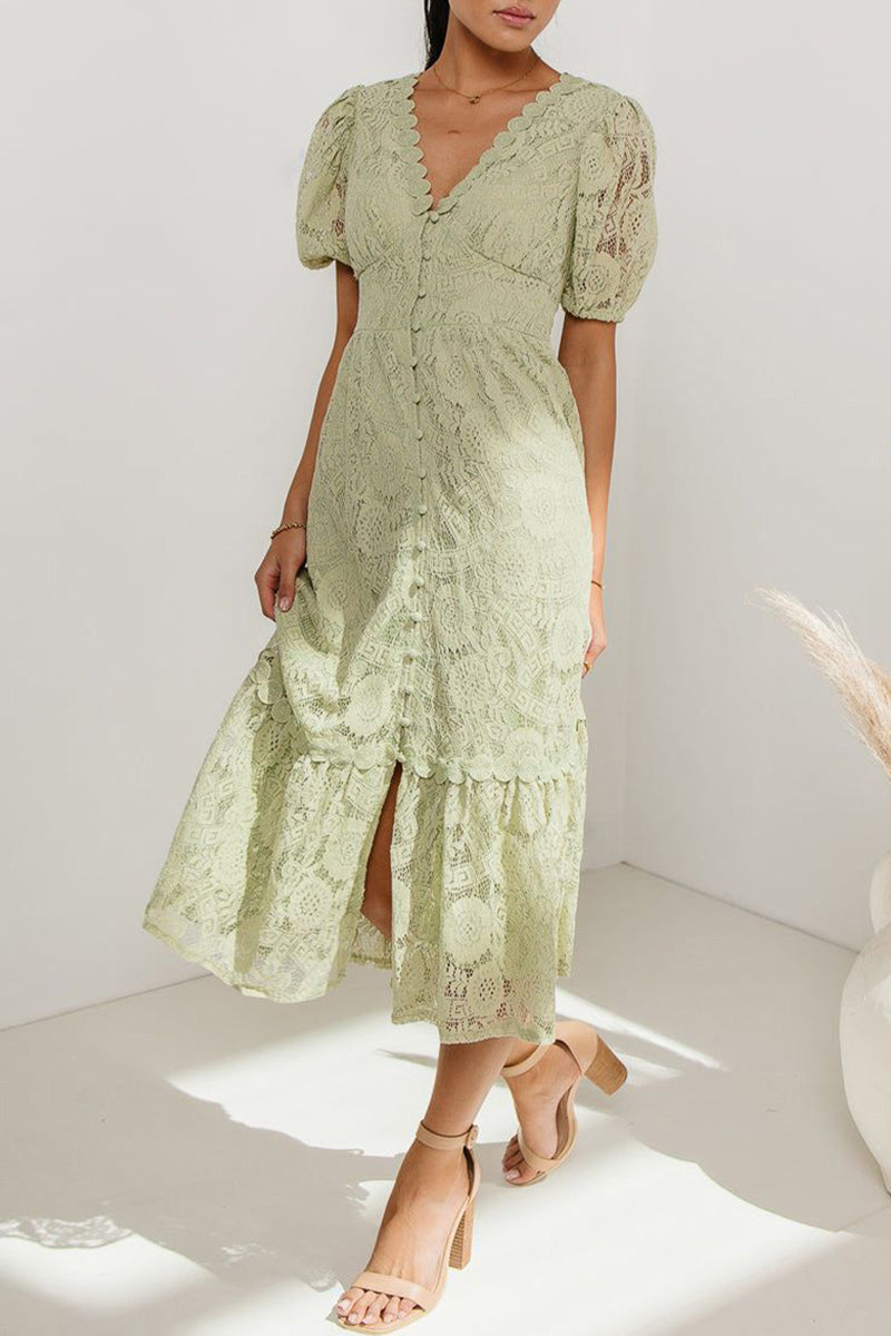 Erin - Elegante vestido de encaje de manga corta con escote en V