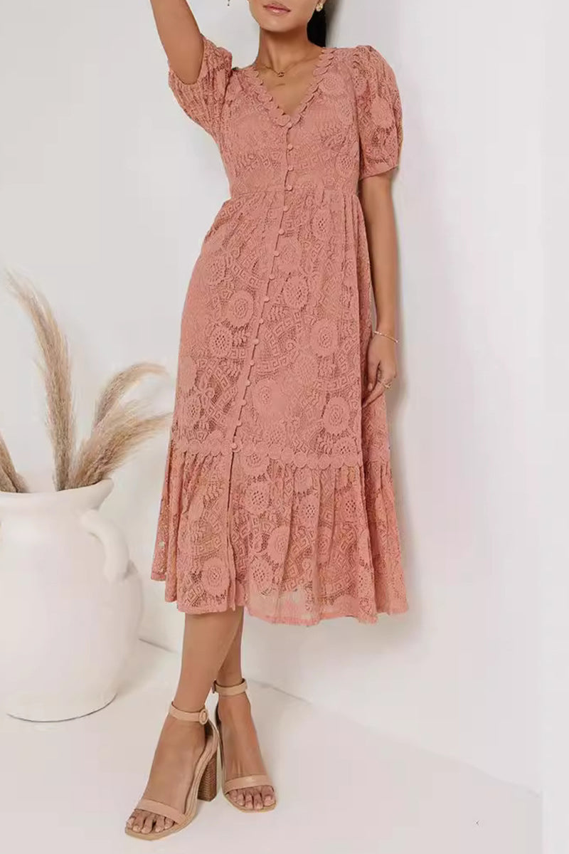 Erin - Elegante vestido de encaje de manga corta con escote en V