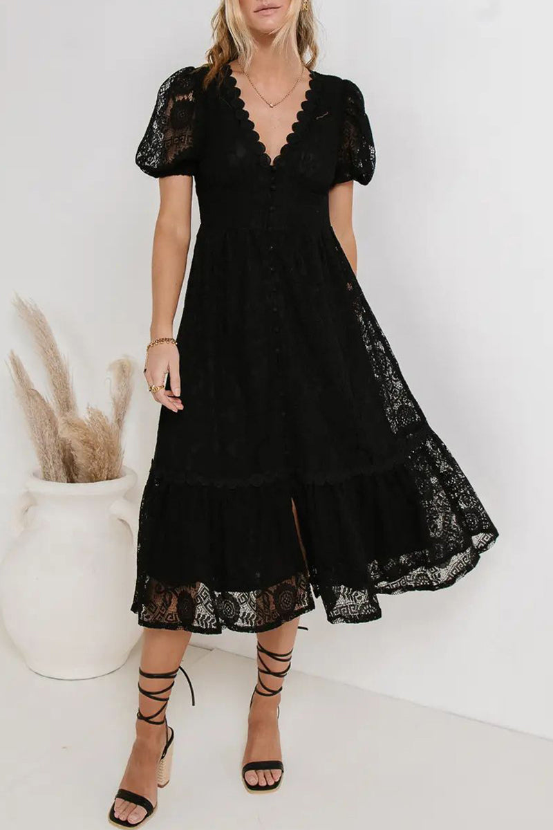 Erin - Elegante vestido de encaje de manga corta con escote en V