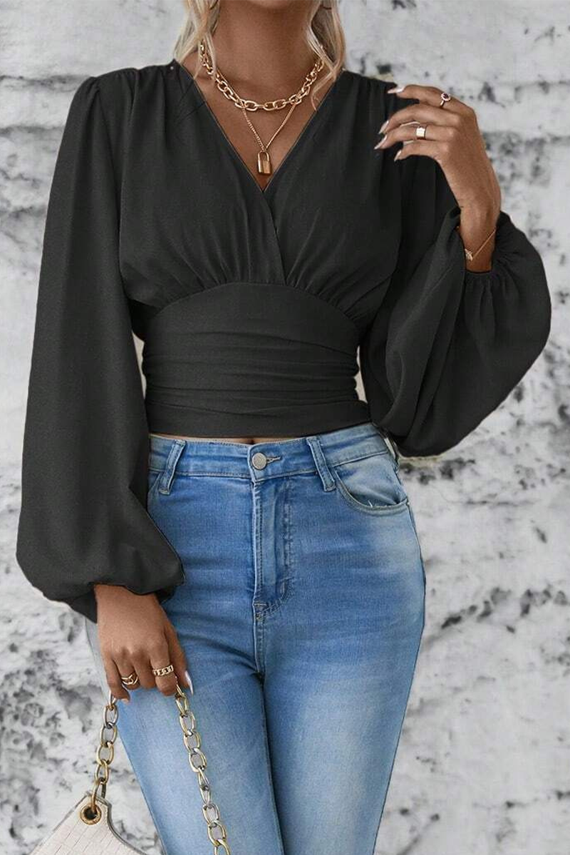 Emmie - Estilosa blusa con cuello en V y manga larga acampanada