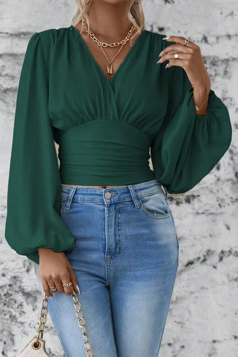Emmie - Estilosa blusa con cuello en V y manga larga acampanada