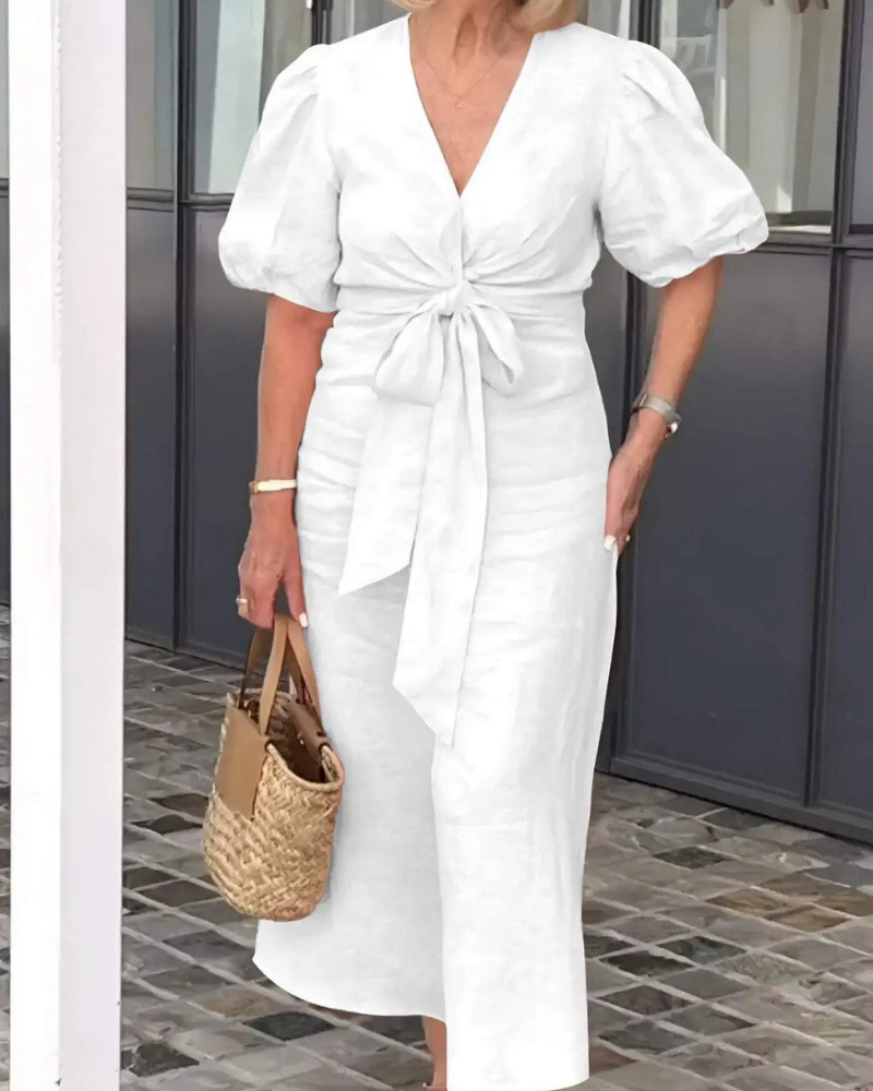 Narelle - Vestido casual elegante con cuello en V y mangas abullonadas
