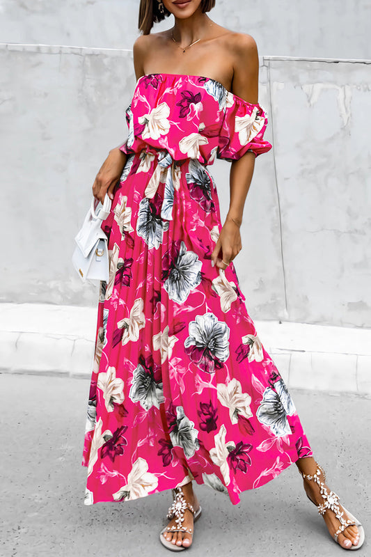 Avalon - Elegante vestido floral con hombros al aire y cintura lazada