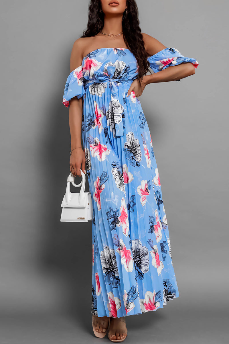 Avalon - Elegante vestido floral con hombros al aire y cintura lazada