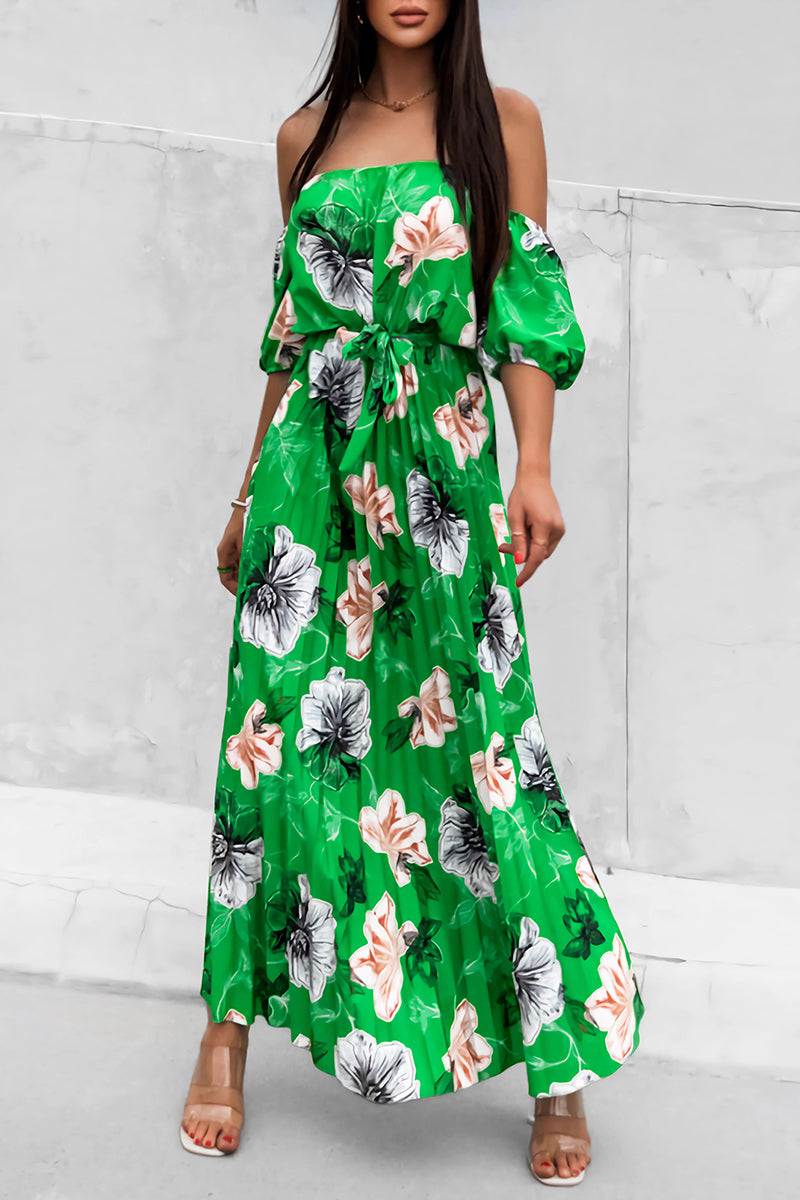 Avalon - Elegante vestido floral con hombros al aire y cintura lazada